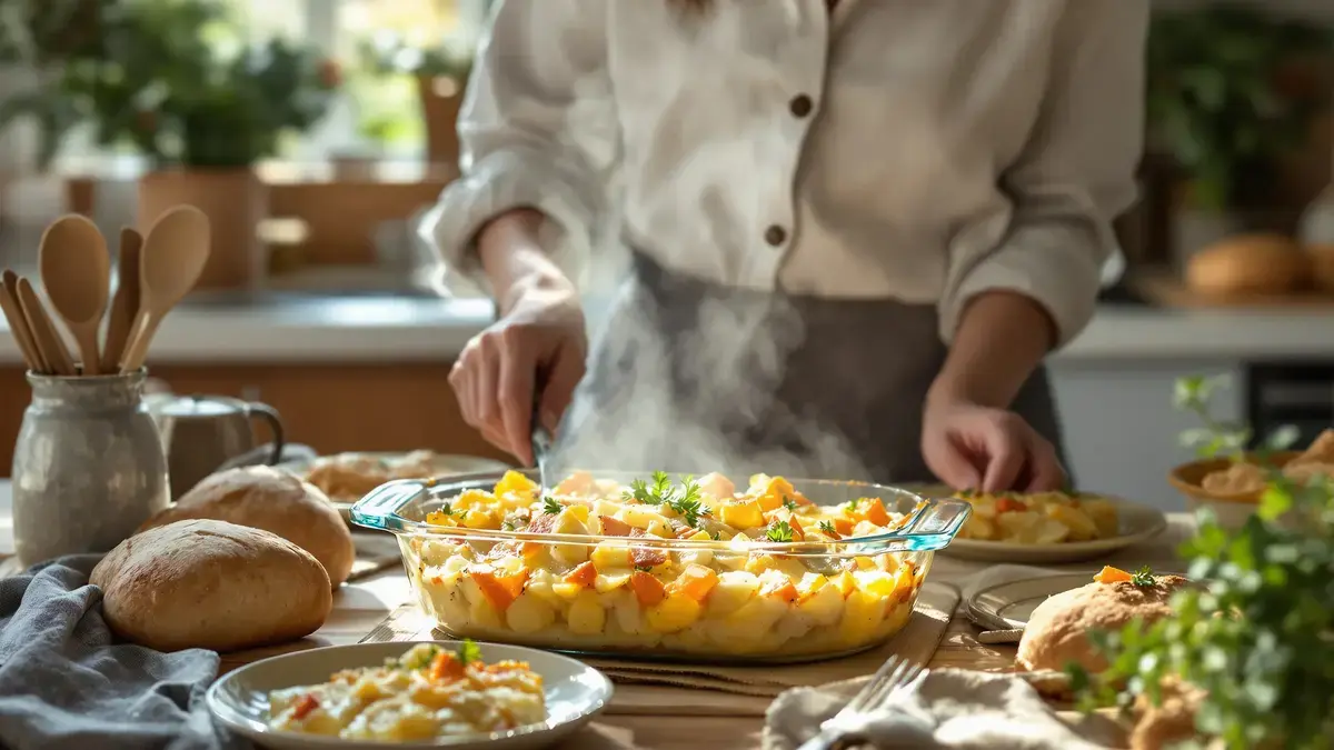 Zapečené brambory s pórkem a mrkví jednoduchý recept na jemné a zlatavé jídlo